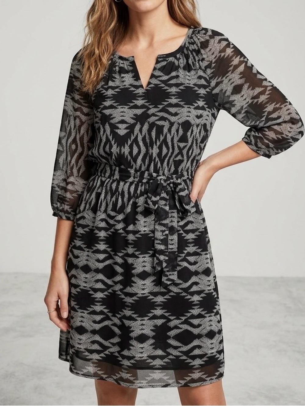 Banana Republic Black and Gray Patterned Belted Midi Dress